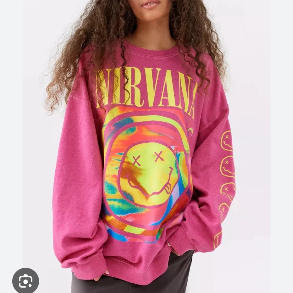 Urban Outfitters Women's X Nirvana Smiley Face Overdyed Crew Neck Sweatshirt